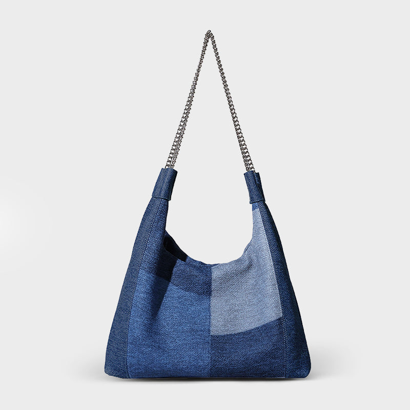 OLSPAG Denim Blue Large Capacity Chain Tote Bag