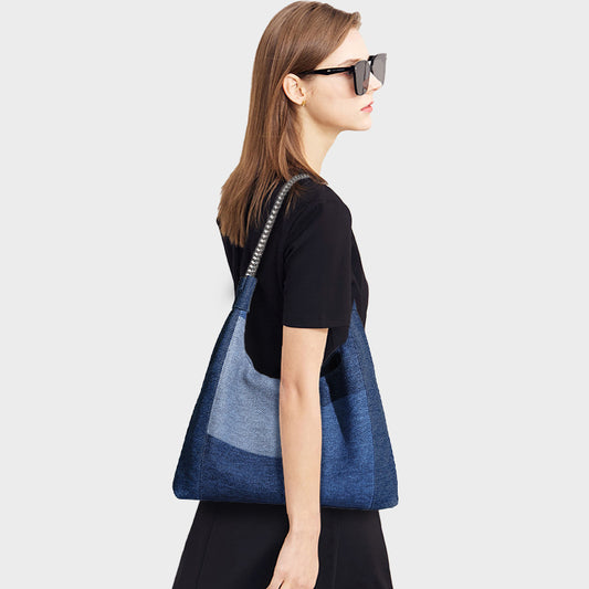 OLSPAG Denim Blue Large Capacity Chain Tote Bag