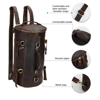 Cajmols™ Crazy Horse Leather Bucket Backpack Dark Brown (6610568216640)